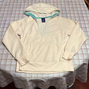 Cream V-Neck Hoodie with Pockets and Light Blue Trim